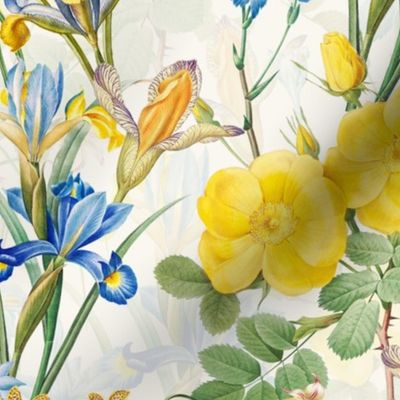 14" Exquisite antique charm: A Vintage Botanical Yellow Rose And Blue Iris Flower Pattern,  on a light off white  background - double layer