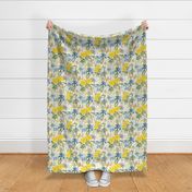 14" Exquisite antique charm: A Vintage Botanical Yellow Rose And Blue Iris Flower Pattern,  on a light off white  background - double layer