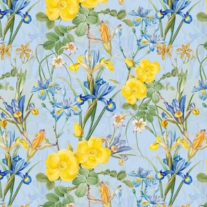 14" Exquisite antique charm: A Vintage Botanical Yellow Rose And Blue Iris Flower Pattern,  on a light blue background - double layer