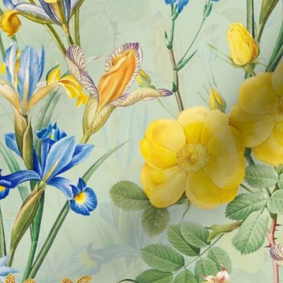 14" Exquisite antique charm: A Vintage Botanical Yellow Rose And Blue Iris Flower Pattern,  on a light sepia sage green background - double layer