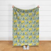 14" Exquisite antique charm: A Vintage Botanical Yellow Rose And Blue Iris Flower Pattern,  on a light sepia sage green background - double layer