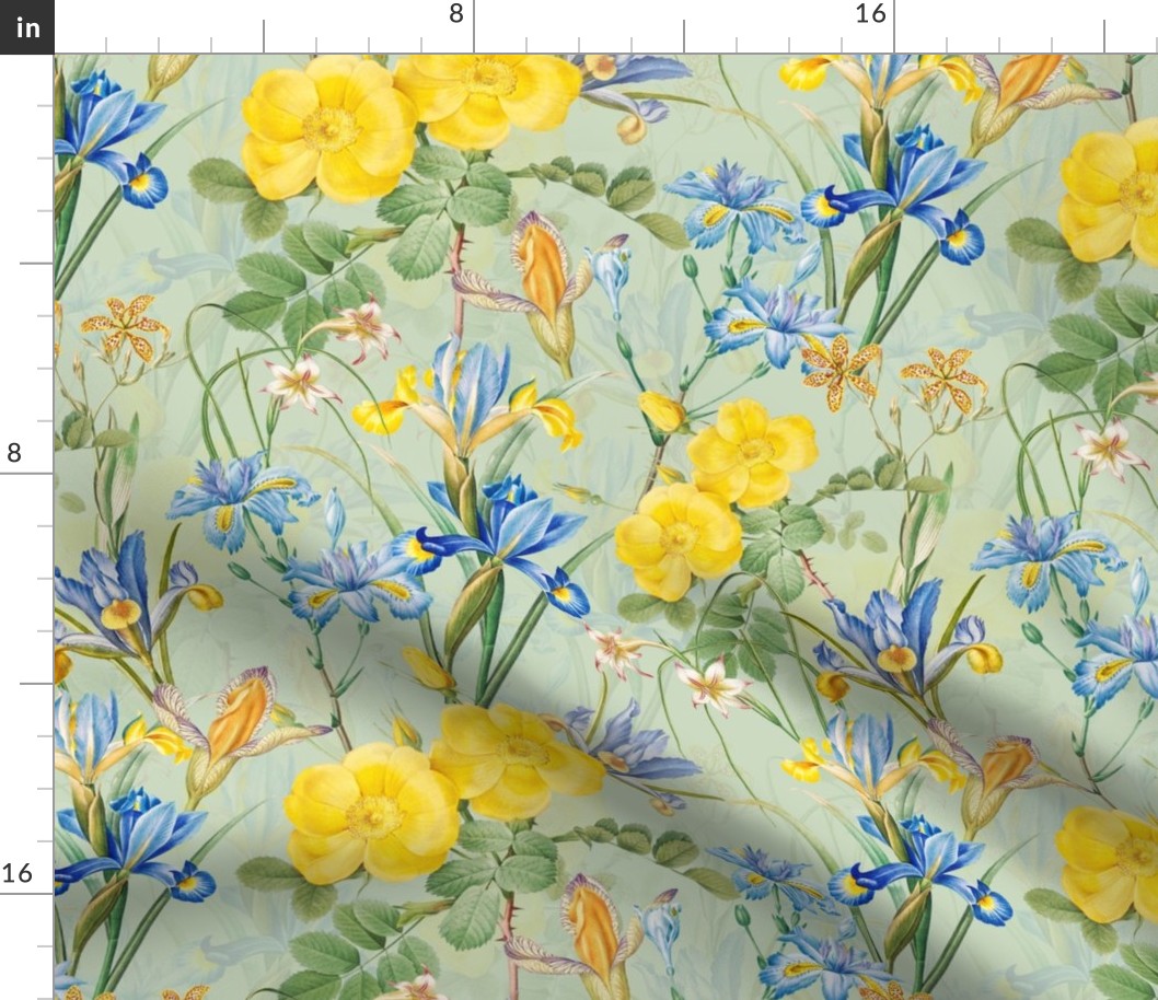 14" Exquisite antique charm: A Vintage Botanical Yellow Rose And Blue Iris Flower Pattern,  on a light sepia sage green background - double layer