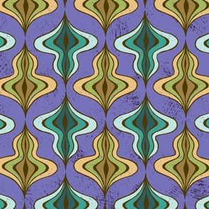 Kitsch retro style atomic pattern design “The spinning top” in purple, yellows, browns and greens