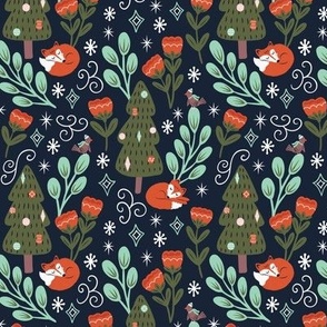 Snowy Fox with Flowers | SM Scale | Deep Navy, Olive Green, Orange