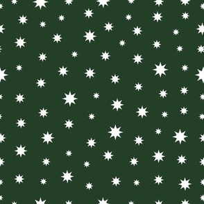 Christmas Stars, Snow, Snowflakes - Cozy Holiday cabin - Christmas fabric in emerald green white