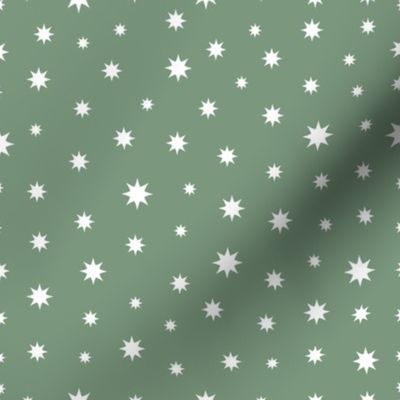 Christmas Stars, Snow, Snowflakes - Cozy Holiday cabin - Christmas fabric in sage green white