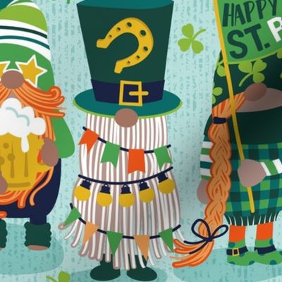 Saint Patrick's gnomes // normal scale // aqua background parade with green and orange gnomes Leprechaun shamrock four leaf clovers Irish Ireland folklore