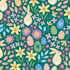 Easter Egg Hunt with Spring Flowers and Bunnies in Rainbow of Colour