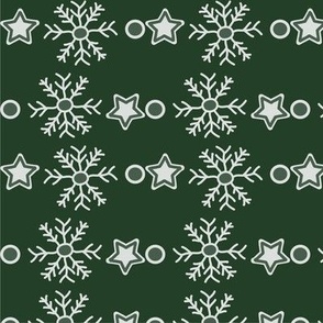 Christmas Snowflakes and Stars - Christmas fabric in emerald green and white - Cozy Holiday cabin