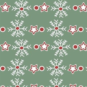 Christmas Snowflakes and Stars - Christmas fabric in sage green crimson and white - Cozy Holiday cabin