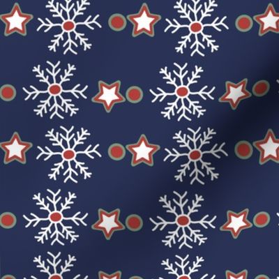 Christmas Snowflakes and Stars - navy blue, crimson and white - winter holidays