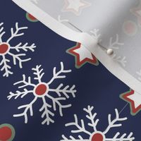 Christmas Snowflakes and Stars - navy blue, crimson and white - winter holidays