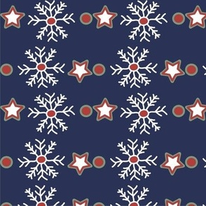 Christmas Snowflakes and Stars - Christmas fabric in navy blue, crimson and white - Cozy Holiday cabin