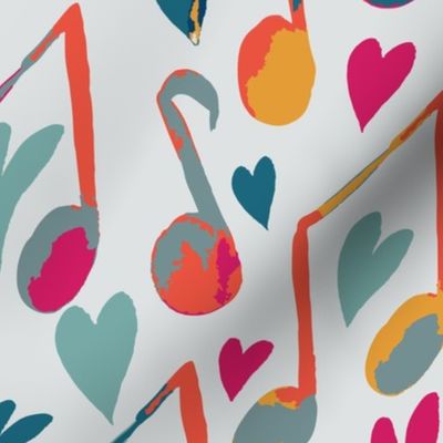 My Musical Valentine - Multi-color Hearts and Music Notes in Bright Pink, Teal and Yellow