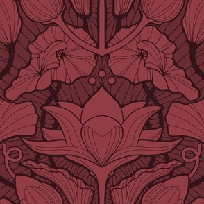 art nouveau lotus flower leaves wallpaper dark red