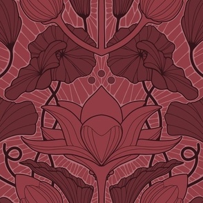 art nouveau lotus flower leaves wallpaper dark red