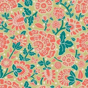 Indian Trailing Floral for Bedding - Art and Craft style - coral, sage green, ivory