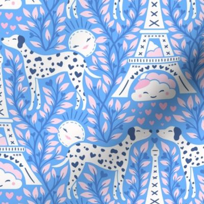 Dalmatians in Paris | Medium Scale | Valentines Dalmatian Dog Damask | Cornflower Blue & Pink