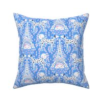 Dalmatians in Paris | Medium Scale | Valentines Dalmatian Dog Damask | Cornflower Blue & Pink