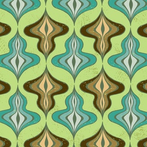 Scruffy style mid-century groovy pattern “The spinning top” in lime green, browns and teals