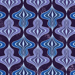 Hand drawn wonky art deco optic pattern “The spinning top” in dark purple, lilacs and blues