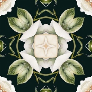10,5" Floral Kaleidoscope | Intricate Pattern | White Ivory Pale Green | Dark Green Background | Vibrant Colors | Geometric Aesthetic