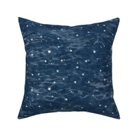 Shibori Stars on Indigo Blue | Night sky fabric, block printed stars on shibori linen pattern, block print stars on dark blue, navy, constellations, blue and white star wallpaper.