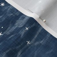 Shibori Stars on Indigo Blue | Night sky fabric, block printed stars on shibori linen pattern, block print stars on dark blue, navy, constellations, blue and white star wallpaper.
