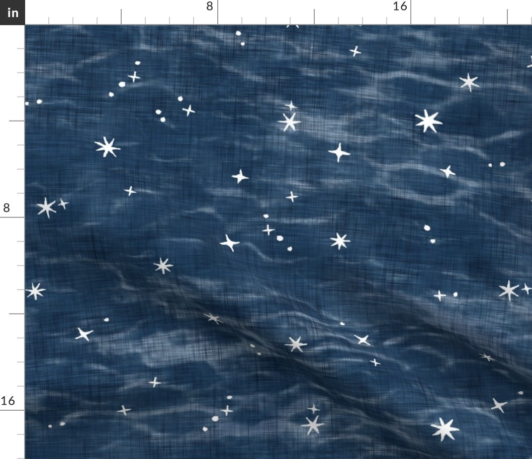 Shibori Stars on Indigo Blue (xl scale) | Night sky fabric, block printed stars on shibori linen pattern, block print stars on dark blue, navy, constellations, blue and white star wallpaper.