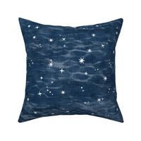 Shibori Stars on Indigo Blue (large scale) | Night sky fabric, block printed stars on shibori linen pattern, block print stars on dark blue, navy, constellations, blue and white star wallpaper.