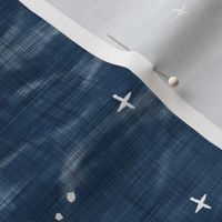 Shibori Stars on Indigo Blue (large scale) | Night sky fabric, block printed stars on shibori linen pattern, block print stars on dark blue, navy, constellations, blue and white star wallpaper.
