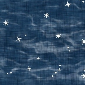 Shibori Stars on Indigo Blue (large scale) | Night sky fabric, block printed stars on shibori linen pattern, block print stars on dark blue, navy, constellations, blue and white star wallpaper.