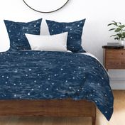 Shibori Stars on Indigo Blue (xxl scale) | Night sky fabric, block printed stars on shibori linen pattern, block print stars on dark blue, navy, constellations, blue and white star wallpaper.