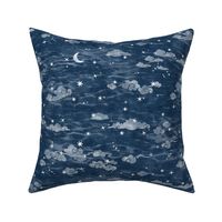 Star Festival in Indigo Blue | A summer festival in Japan, Tanabata, block print stars with clouds on indigo linen texture, starry night sky, shibori linen, block printed moon and stars with Japanese clouds, dark blue and white constellations.