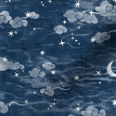 Star Festival in Indigo Blue | A summer festival in Japan, Tanabata, block print stars with clouds on indigo linen texture, starry night sky, shibori linen, block printed moon and stars with Japanese clouds, dark blue and white constellations.