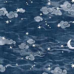 Star Festival in Indigo Blue | A summer festival in Japan, Tanabata, block print stars with clouds on indigo linen texture, starry night sky, shibori linen, block printed moon and stars with Japanese clouds, dark blue and white constellations.