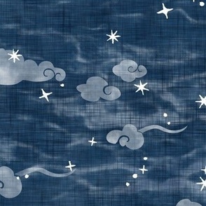 Star Festival in Indigo Blue (large scale) | A summer festival in Japan, Tanabata, block print stars with clouds on indigo linen texture, starry night sky, shibori linen, block printed moon and stars with Japanese clouds, dark blue and white constellation