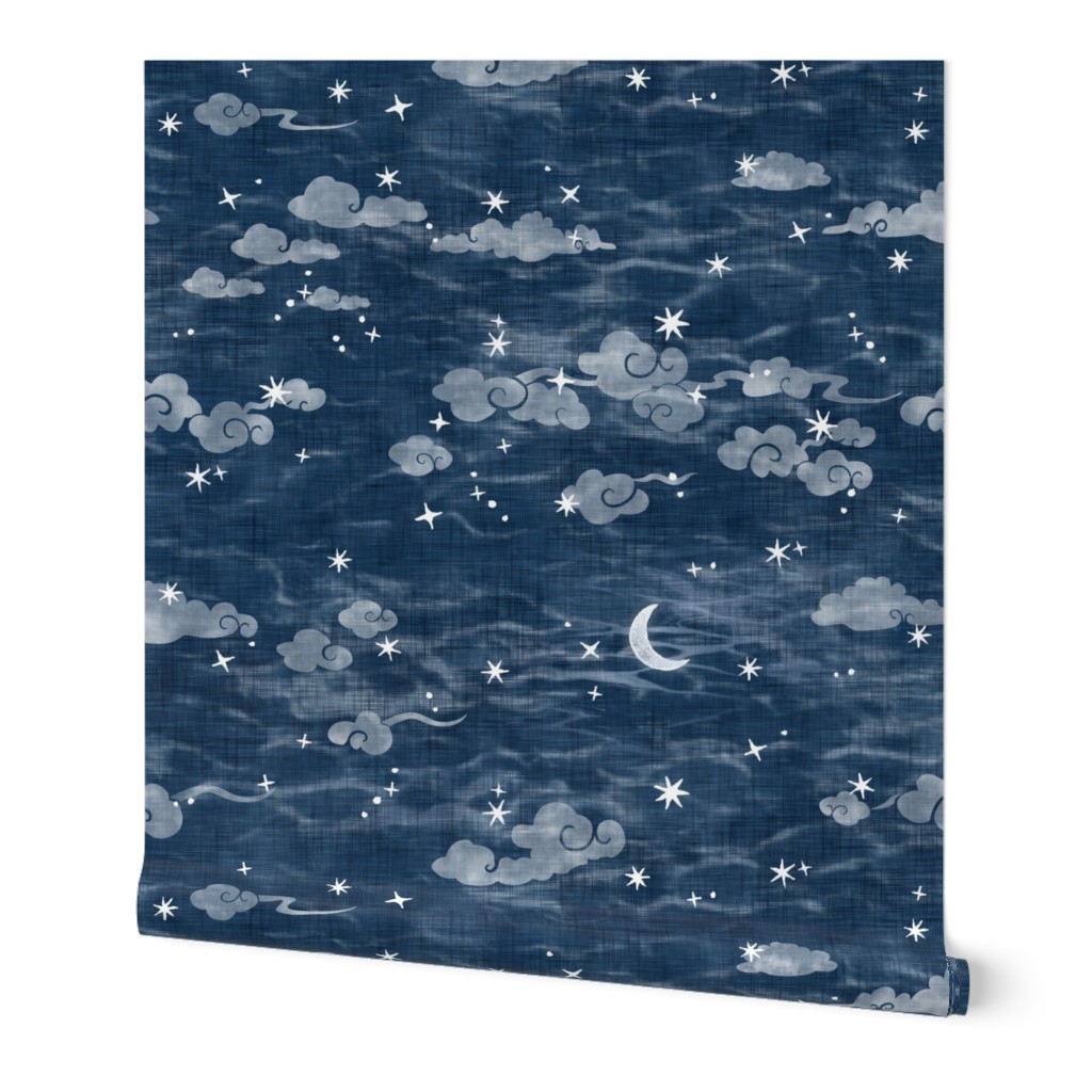 Star Festival in Indigo Blue (xl scale) | A summer festival in Japan, Tanabata, block print stars on an indigo linen texture, starry night sky, shibori linen, block printed moon and stars with Japanese clouds, dark blue and white constellations.