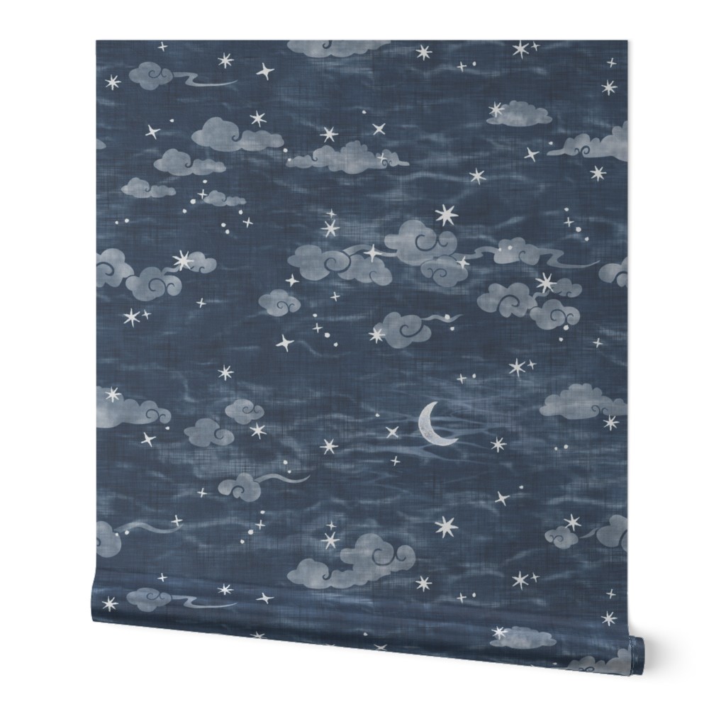 Star Festival in Indigo Blue (xl scale) | A summer festival in Japan, Tanabata, block print stars on an indigo linen texture, starry night sky, shibori linen, block printed moon and stars with Japanese clouds, dark blue and white constellations.