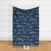 Star Festival in Indigo Blue (xl scale) | A summer festival in Japan, Tanabata, block print stars on an indigo linen texture, starry night sky, shibori linen, block printed moon and stars with Japanese clouds, dark blue and white constellations.