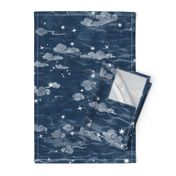 Star Festival in Indigo Blue (xl scale) | A summer festival in Japan, Tanabata, block print stars on an indigo linen texture, starry night sky, shibori linen, block printed moon and stars with Japanese clouds, dark blue and white constellations.