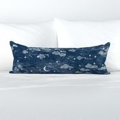 Star Festival in Indigo Blue (xl scale) | A summer festival in Japan, Tanabata, block print stars on an indigo linen texture, starry night sky, shibori linen, block printed moon and stars with Japanese clouds, dark blue and white constellations.