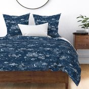 Star Festival in Indigo Blue (xl scale) | A summer festival in Japan, Tanabata, block print stars on an indigo linen texture, starry night sky, shibori linen, block printed moon and stars with Japanese clouds, dark blue and white constellations.