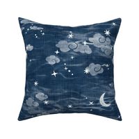 Star Festival in Indigo Blue (xl scale) | A summer festival in Japan, Tanabata, block print stars on an indigo linen texture, starry night sky, shibori linen, block printed moon and stars with Japanese clouds, dark blue and white constellations.