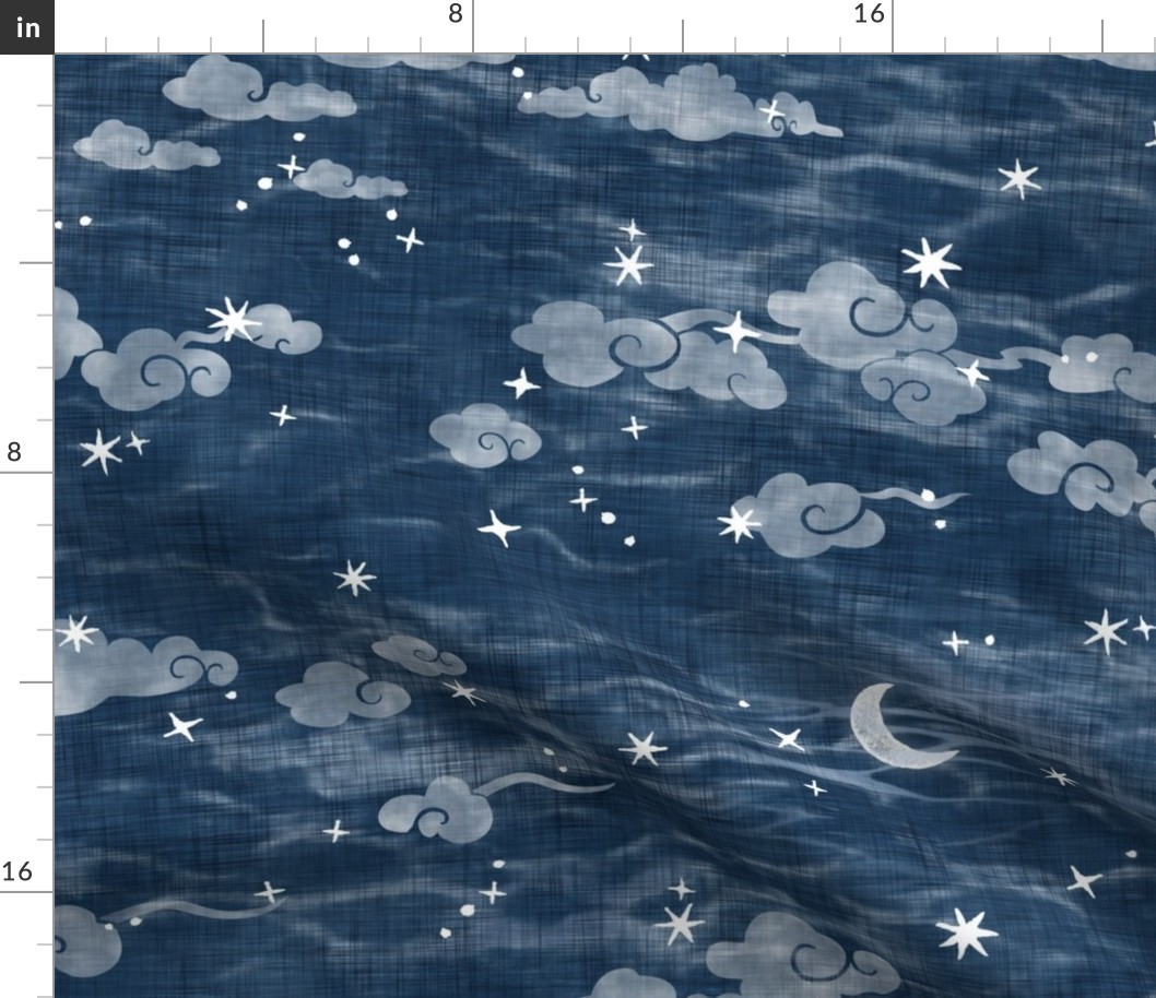 Star Festival in Indigo Blue (xl scale) | A summer festival in Japan, Tanabata, block print stars on an indigo linen texture, starry night sky, shibori linen, block printed moon and stars with Japanese clouds, dark blue and white constellations.