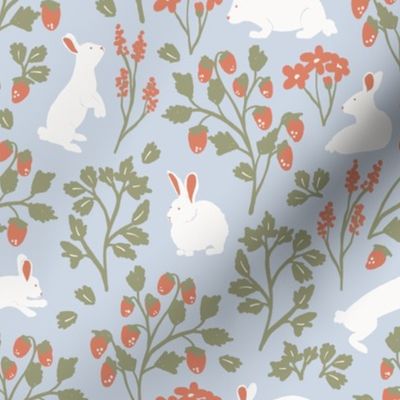 Strawberries and Bunny Rabbits in Light Blue