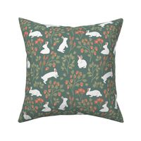 Strawberries and Bunny Rabbits in Dark Hunter Green