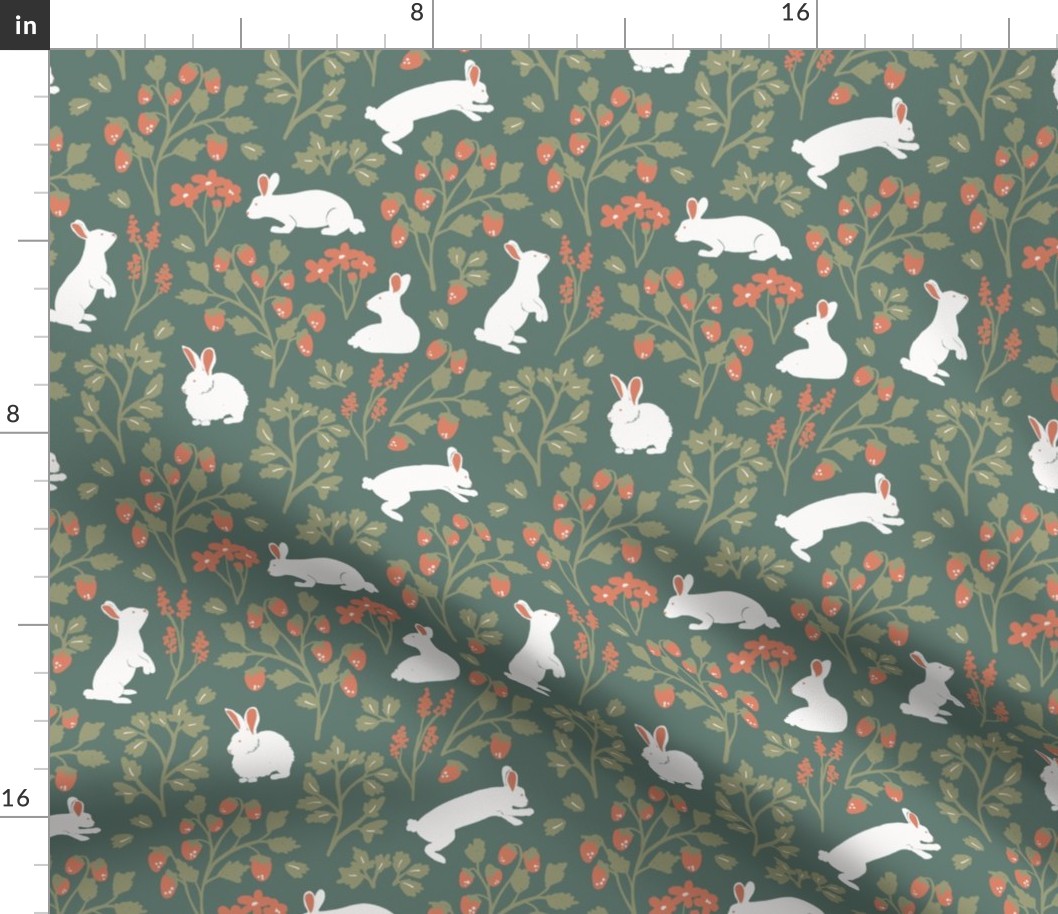 Strawberries and Bunny Rabbits in Dark Hunter Green