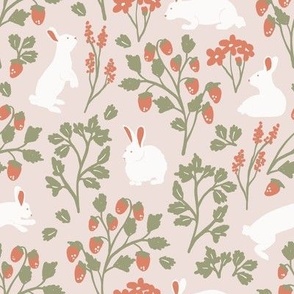 Strawberries and Bunny Rabbits in Muted Blush Pink / Neutral