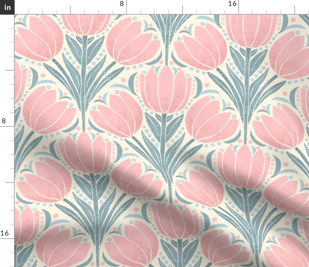 Pink Tulip Hand-Drawn in a Scallop Layout on a Cream Ground Color_Large
